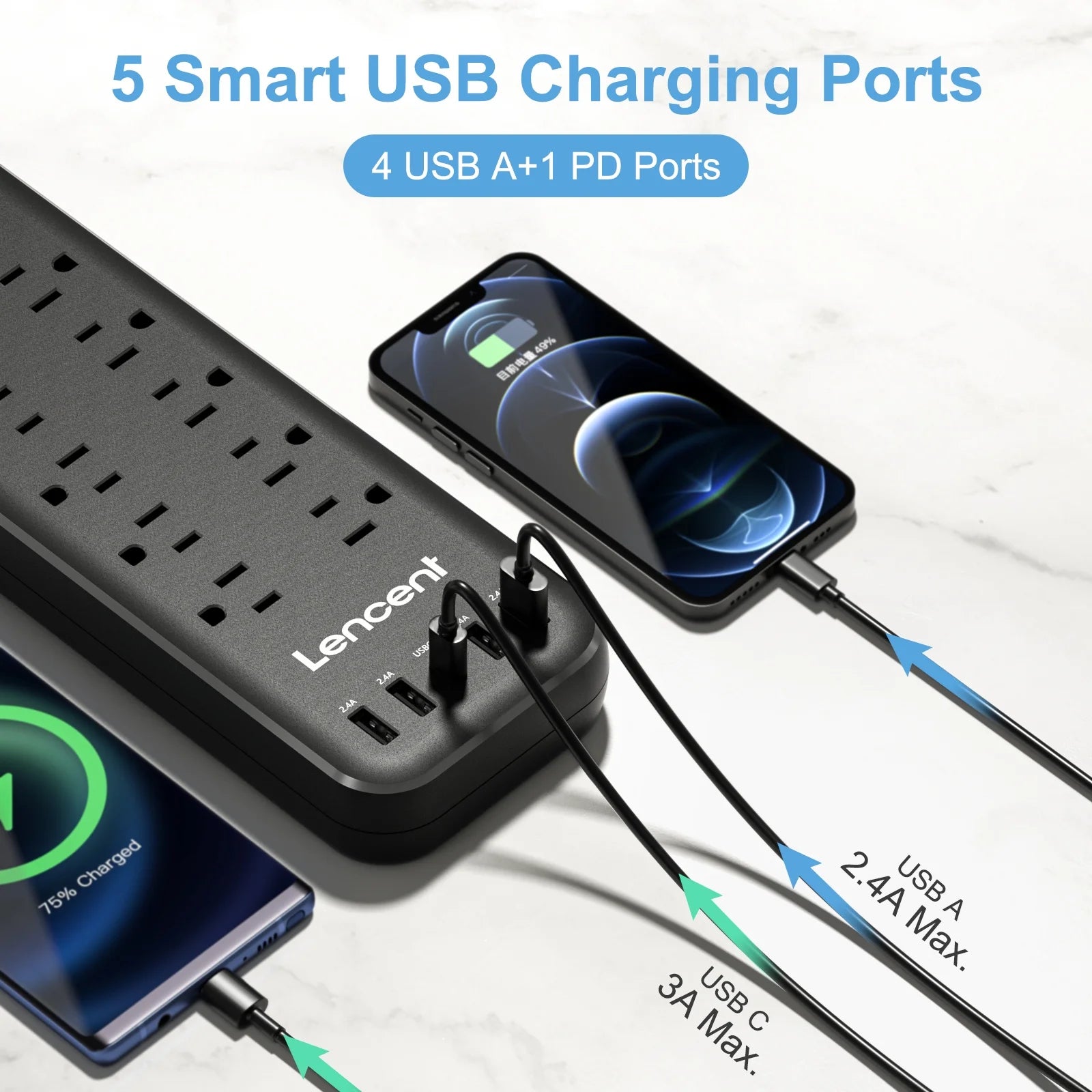 3 Prong Power Strip with Surge Protector Usb C,6 FT Extension Cords Indoor Outlet Adapter with 12 Outlets and 4 USB Ports & 1USB C Port