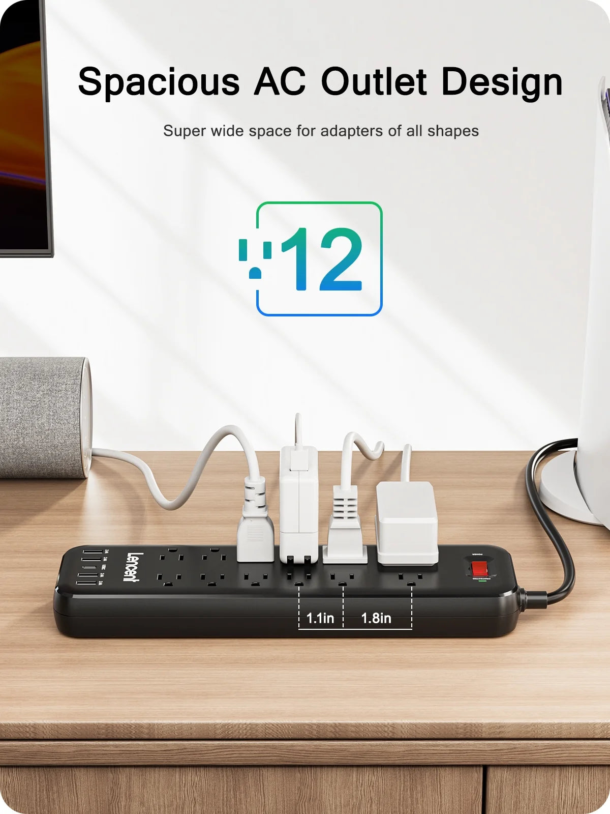 3 Prong Power Strip with Surge Protector Usb C,6 FT Extension Cords Indoor Outlet Adapter with 12 Outlets and 4 USB Ports & 1USB C Port