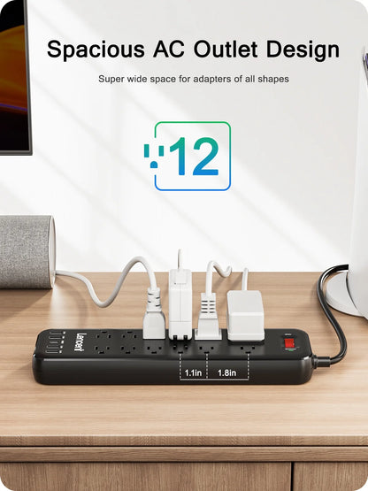 3 Prong Power Strip with Surge Protector Usb C,6 FT Extension Cords Indoor Outlet Adapter with 12 Outlets and 4 USB Ports & 1USB C Port