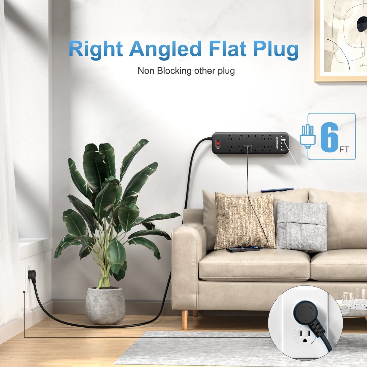 3 Prong Power Strip with Surge Protector Usb C,6 FT Extension Cords Indoor Outlet Adapter with 12 Outlets and 4 USB Ports & 1USB C Port