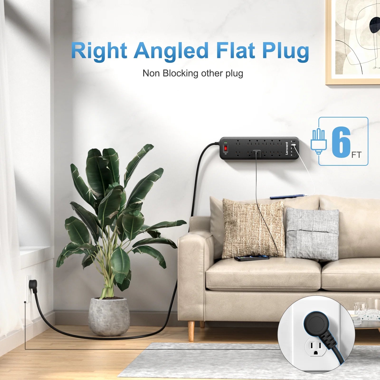 3 Prong Power Strip with Surge Protector Usb C,6 FT Extension Cords Indoor Outlet Adapter with 12 Outlets and 4 USB Ports & 1USB C Port