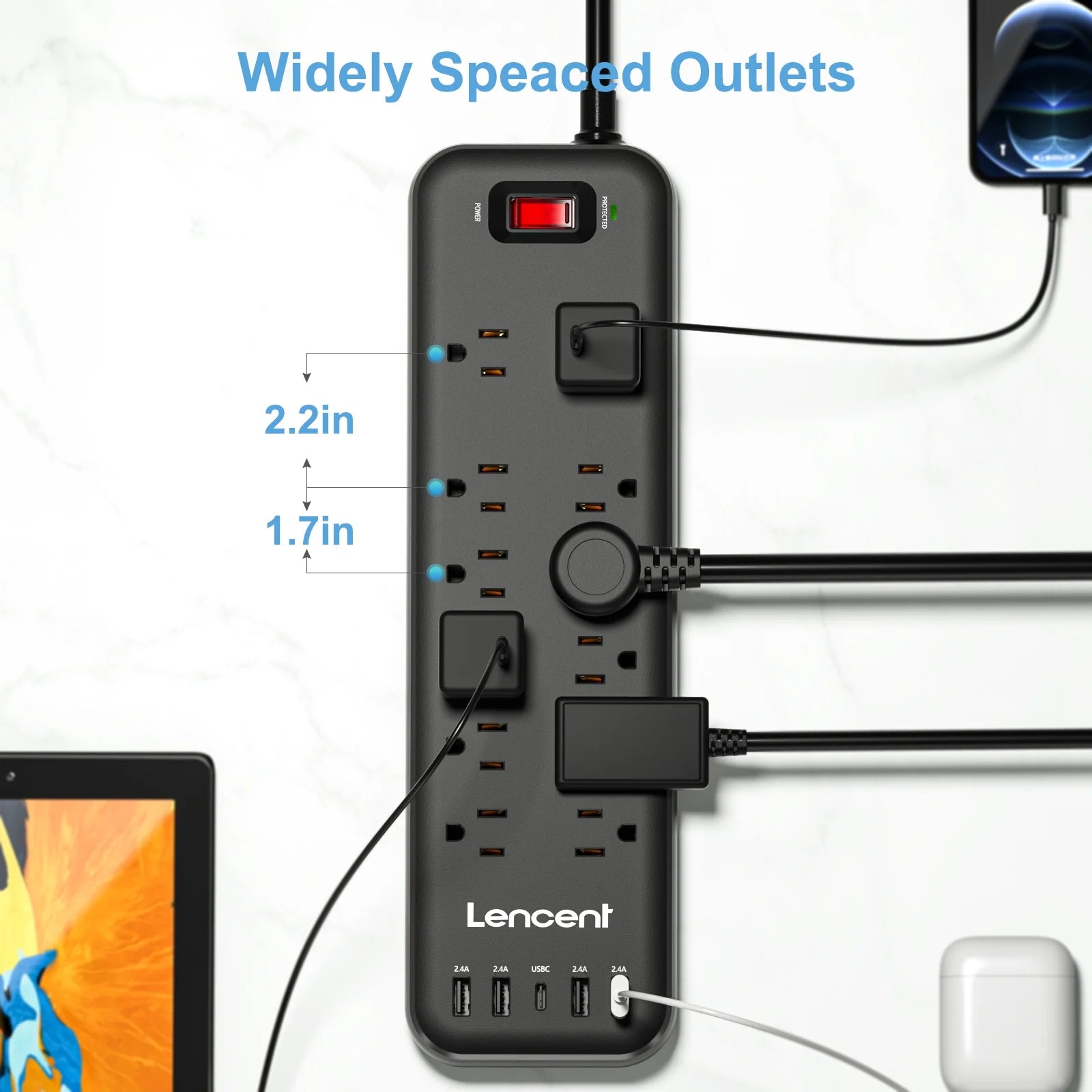 3 Prong Power Strip with Surge Protector Usb C,6 FT Extension Cords Indoor Outlet Adapter with 12 Outlets and 4 USB Ports & 1USB C Port