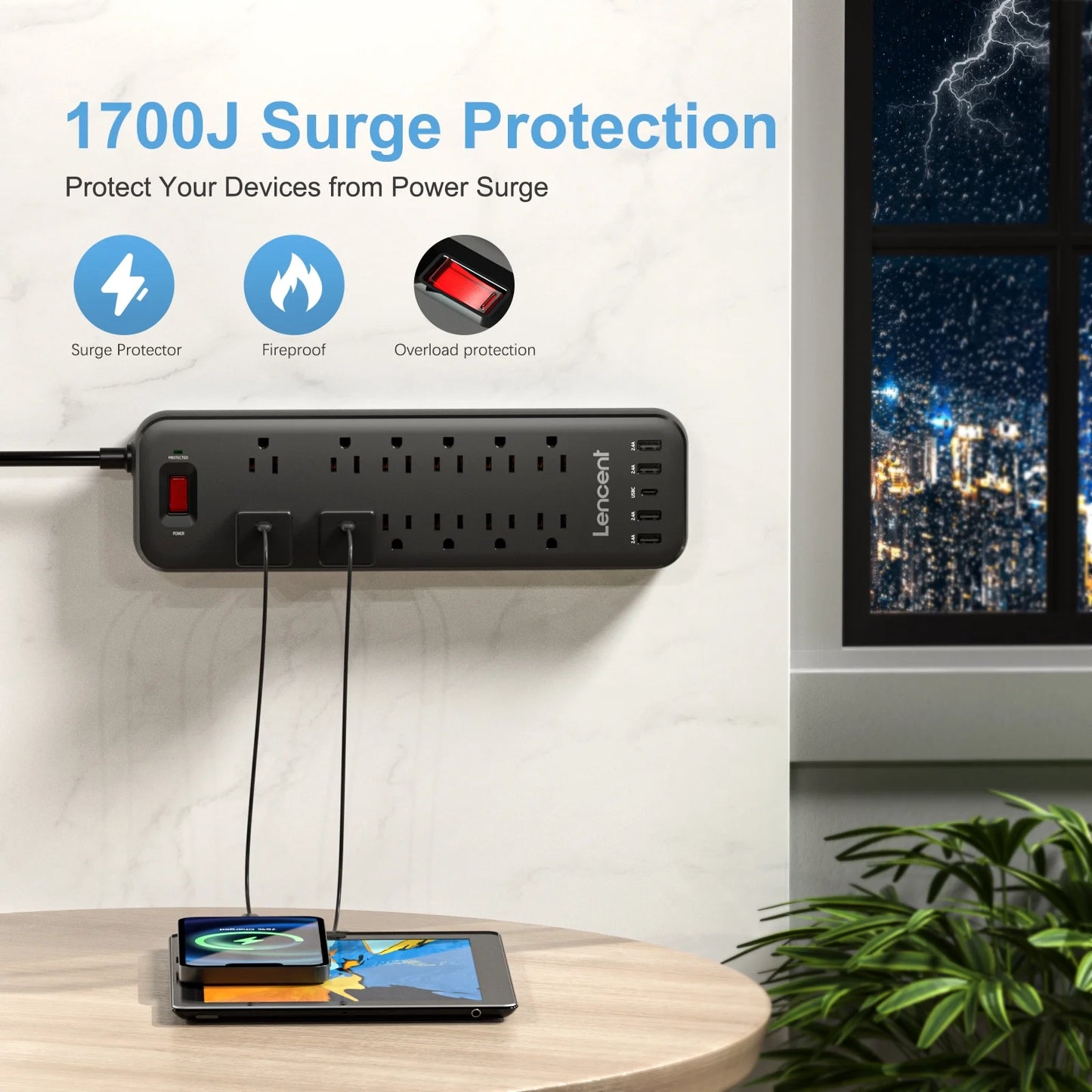 3 Prong Power Strip with Surge Protector Usb C,6 FT Extension Cords Indoor Outlet Adapter with 12 Outlets and 4 USB Ports & 1USB C Port