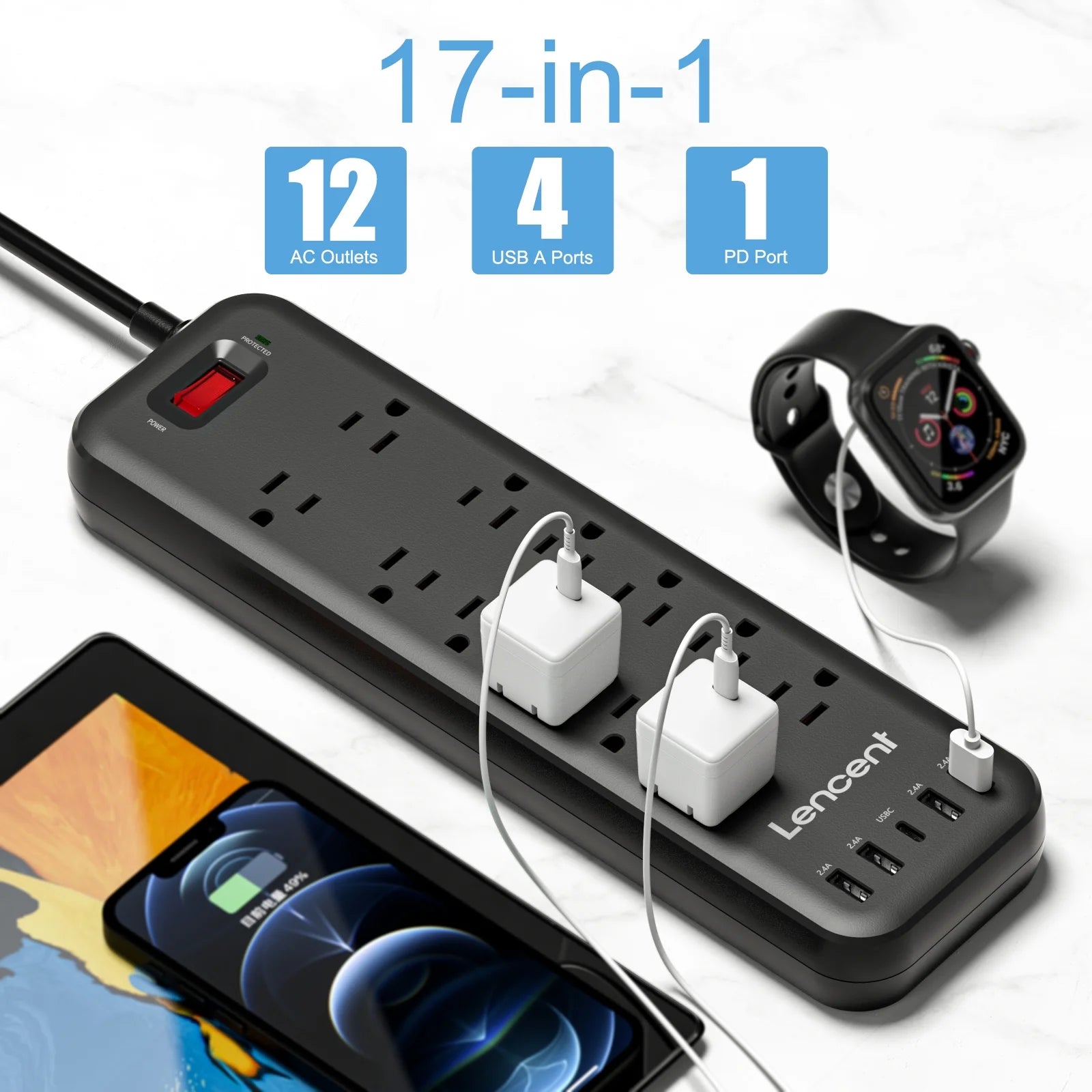 3 Prong Power Strip with Surge Protector Usb C,6 FT Extension Cords Indoor Outlet Adapter with 12 Outlets and 4 USB Ports & 1USB C Port