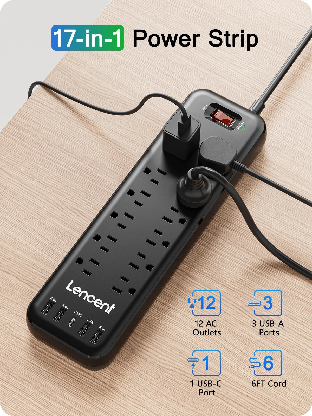 3 Prong Power Strip with Surge Protector Usb C,6 FT Extension Cords Indoor Outlet Adapter with 12 Outlets and 4 USB Ports & 1USB C Port